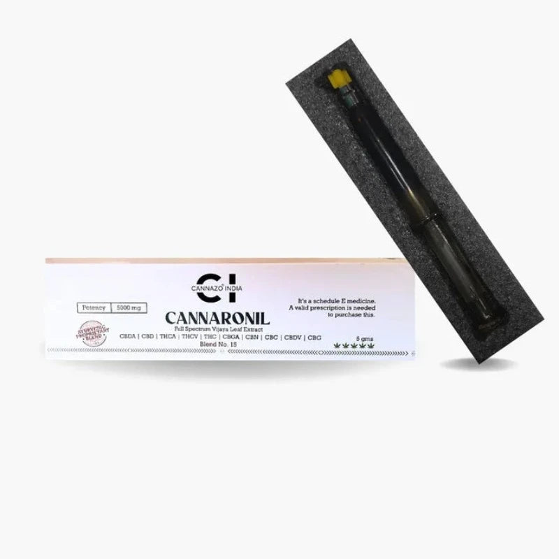 cannazo cannaronil cbd and thc balanced vijaya extract aka medical cannabis extract in a prefilled glass syringe, listed for sale at cbd shop of india