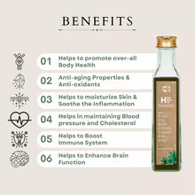 Load image into Gallery viewer, A graphic of a bottle labeled &quot;Hemp Seed Oil&quot; next to a list of six health benefits with icons.
