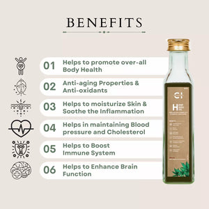 A graphic of a bottle labeled "Hemp Seed Oil" next to a list of six health benefits with icons.