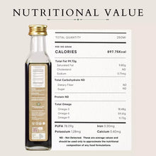 Load image into Gallery viewer, A bottle of cannazo hemp seed oil overlaid with nutritional value information, including fats, omegas, and caloric content.
