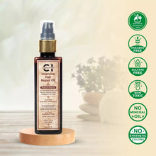 Load image into Gallery viewer, Bottle of &quot;Cannazo Intensive Hair Repair Oil&quot; on a wooden stand with eco-friendly badges on the right.
