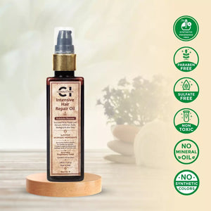 Bottle of "Cannazo Intensive Hair Repair Oil" on a wooden stand with eco-friendly badges on the right.