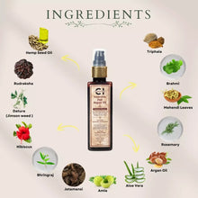 Load image into Gallery viewer, Image showcasing a bottle of cannazo hair oil surrounded by illustrations of its various herbal ingredients like Amla and Hibiscus.
