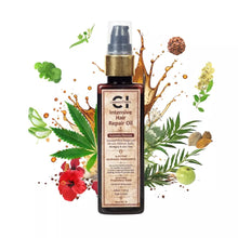 Load image into Gallery viewer, A bottle of cannazo cbd hair repair oil surrounded by splashes and natural ingredients.
