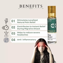 Load image into Gallery viewer, Ad for a cannazo cbd oil for migraine pain relief roll-on listing benefits with an image of the product.
