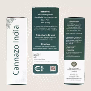 Cannazo Medicinal product packaging with benefits, usage directions, composition, and manufacturer details.