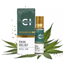 Load image into Gallery viewer, Image of a &quot;Cannazo India&quot; migraine aid roll-on bottle with packaging and cannabis leaves.
