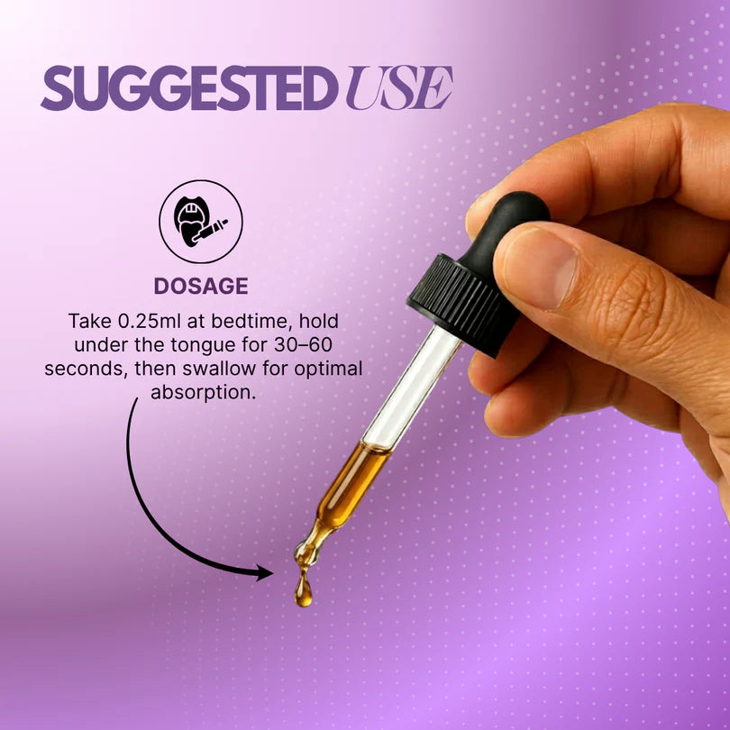 A hand holds a glass dropper filled with amber liquid against a purple background with text reading 'SUGGESTED USE' and dosage instructions.