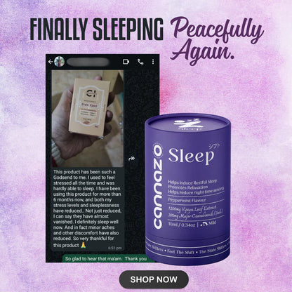 A promotional graphic for Cannazo Sleep Peppermint Flavor capsules, featuring a purple cylindrical canister alongside a screenshot of a customer testimonial. The background is a textured lavender and purple watercolor, with the headline 'FINALLY SLEEPING Peacefully Again.