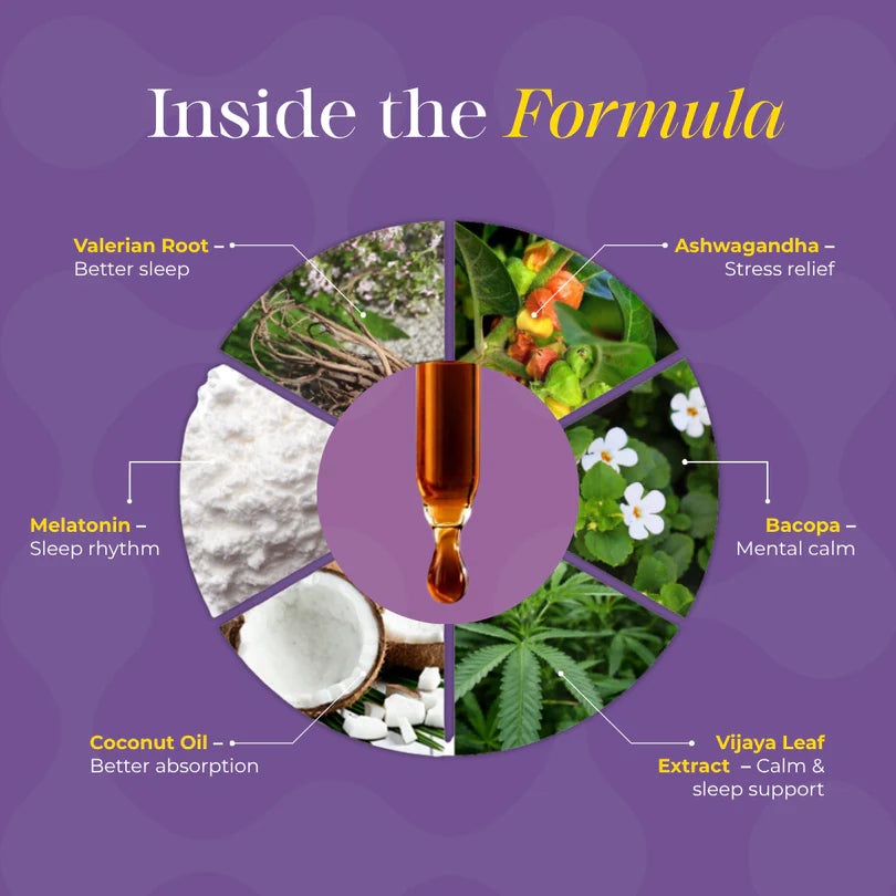 An infographic on a purple background titled 'Inside the Formula' showing a central amber dropper surrounded by five labeled ingredient sections: valerian root, ashwagandha, melatonin, bacopa, and vijaya leaf extract, with small photos of herbs, powder, and leaves.