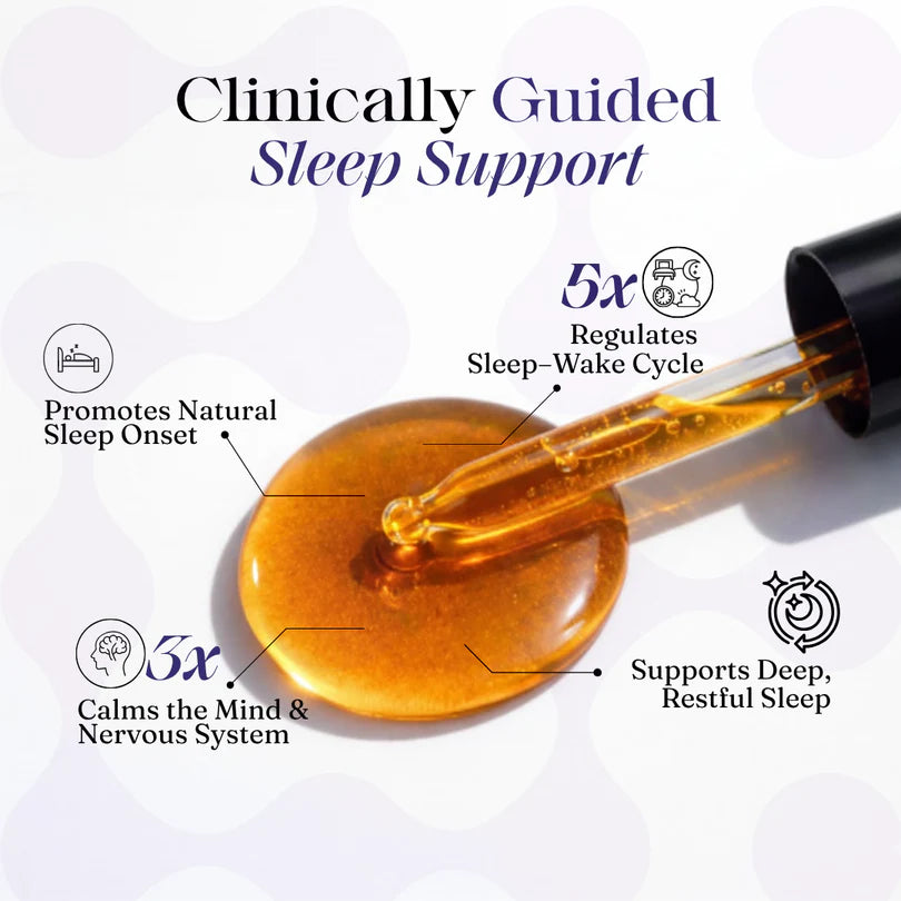An amber liquid dropper bottle with a glass pipette over a pool of golden-orange serum on a white background, surrounded by text callouts about sleep support benefits.