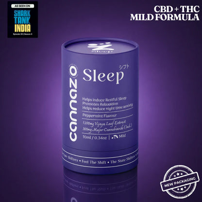 A cylindrical Cannazo Sleep CBD + THC Mild Formula tincture bottle in deep purple, set against a matching purple gradient background with a reflection below. 