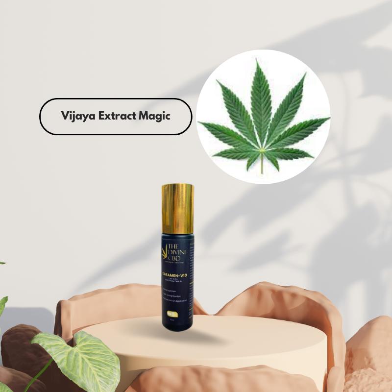 CBD product bottle with gold cap on a beige platform, hemp leaf in a circular cutout, text "Vijaya Extract Magic."