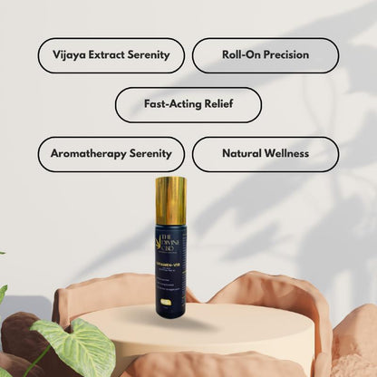 Dark blue bottle with a golden cap on a beige platform. Text bubbles around it read: Vijaya Extract Serenity.