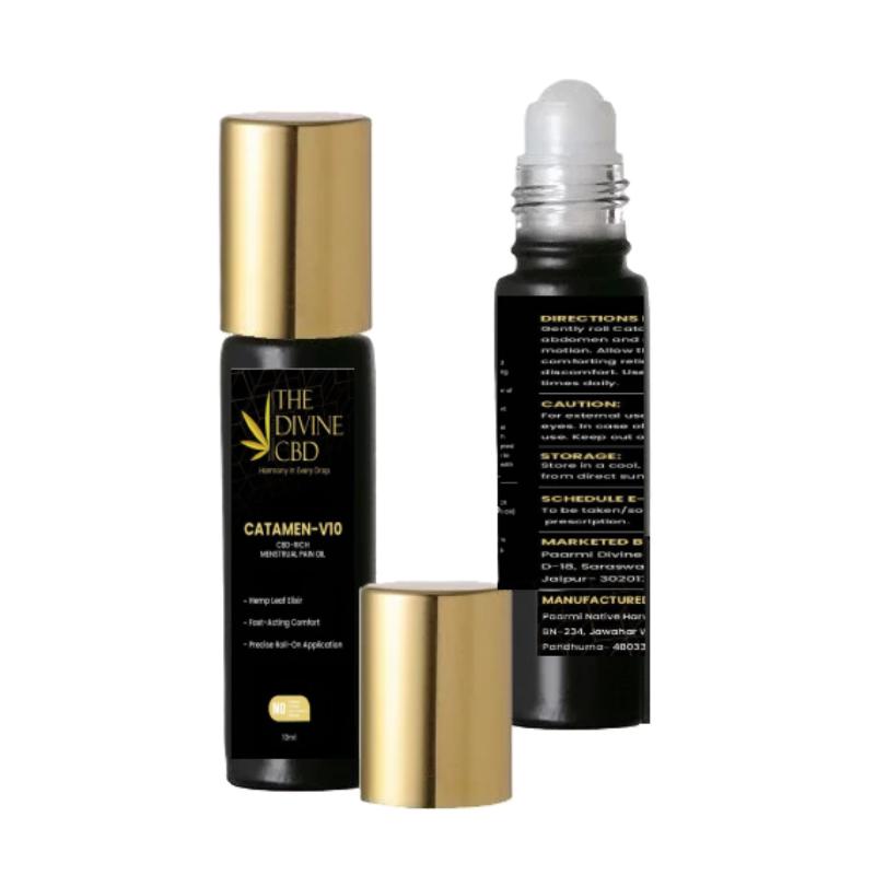  Two black bottles with gold caps, one with a roll-on applicator exposed, labeled "The Divine CBD Catamen-V10."