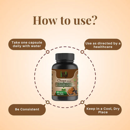 Bottle of Chaga Extract with usage instructions on a beige background