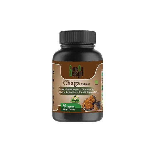 Bottle of Chaga Extract capsules with a black lid on a white background