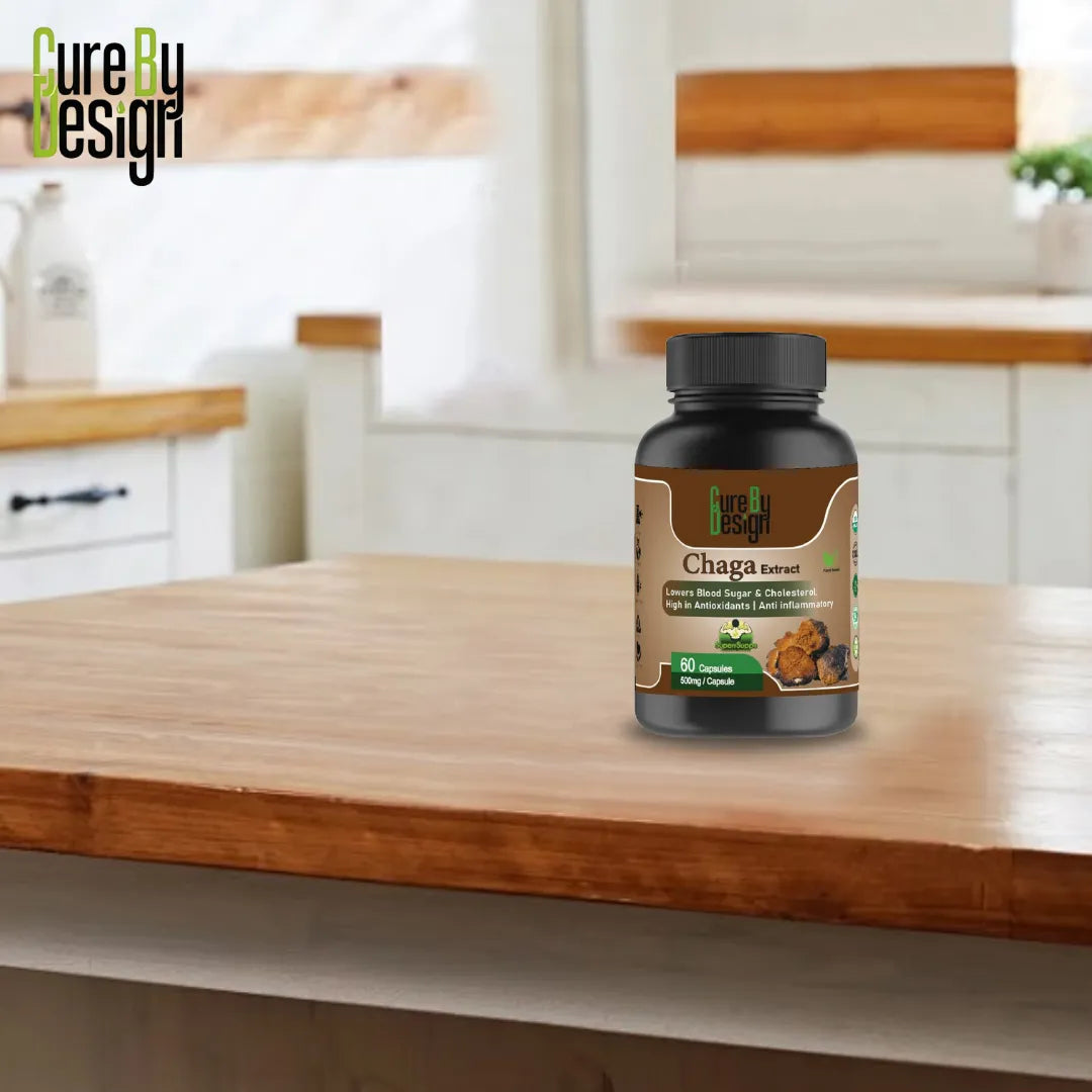 Chaga Mushroom Extract Capsules by Cure By Design on a wooden surface with a kitchen background