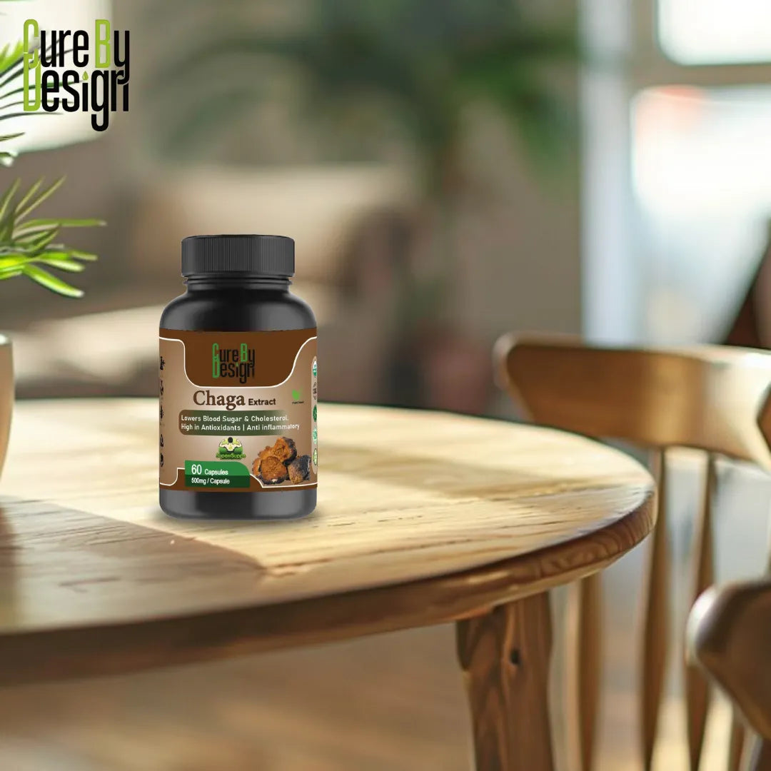 Bottle of Chaga extract on a wooden table with a blurred indoor background