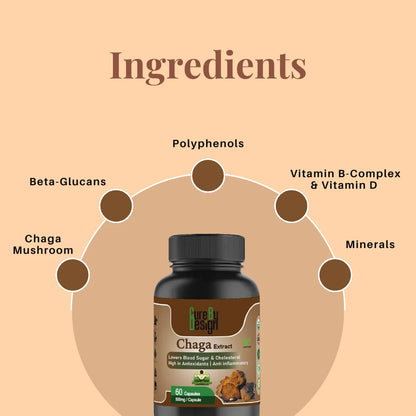 Supplement bottle labeled Chaga Mushroom Extract Capsules by Cure By Design with ingredients listed on a beige background