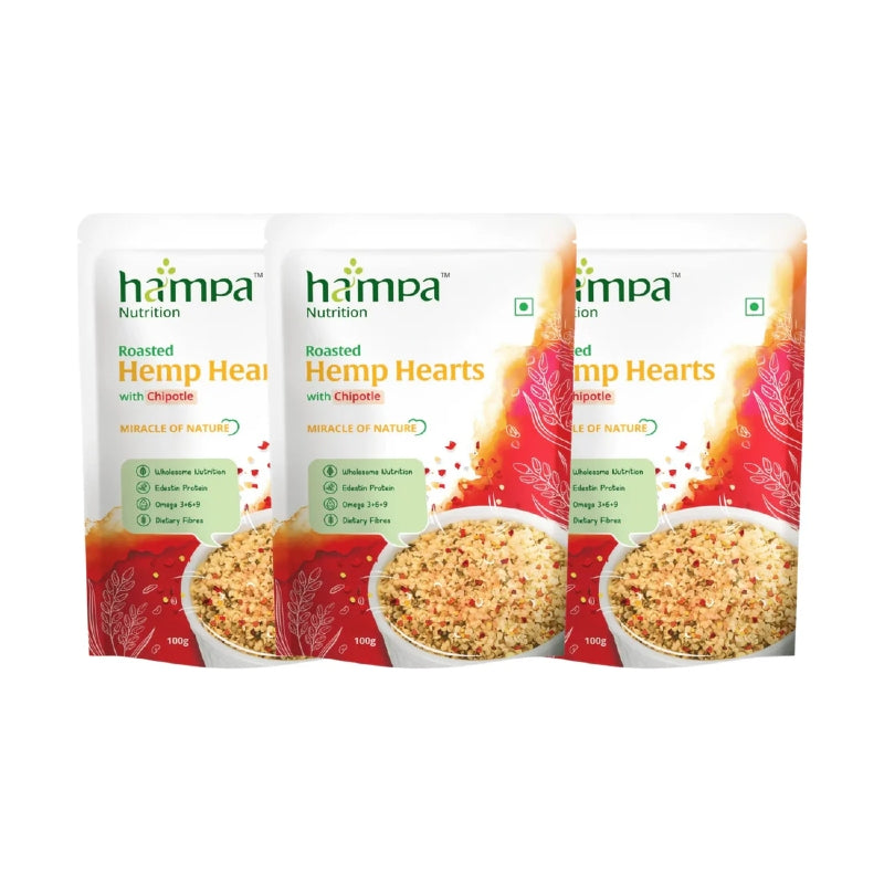 Three packages of Hampa Nutrition Roasted Hemp Hearts with Chives on a white background