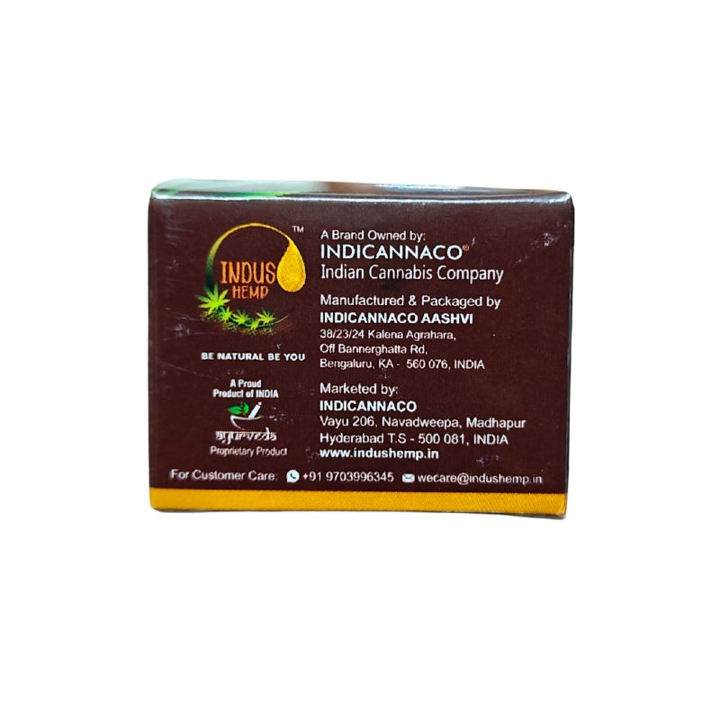 Indus Hemp product packaging with branding and contact information on a white background