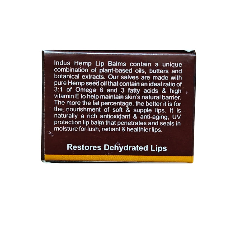 Hemp Lip balm packaging with text about ingredients and benefits on a white background