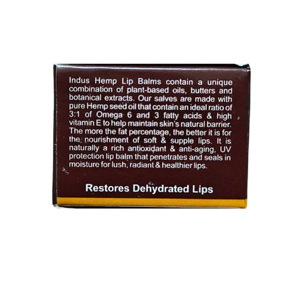 Hemp Lip balm packaging with text about ingredients and benefits on a white background