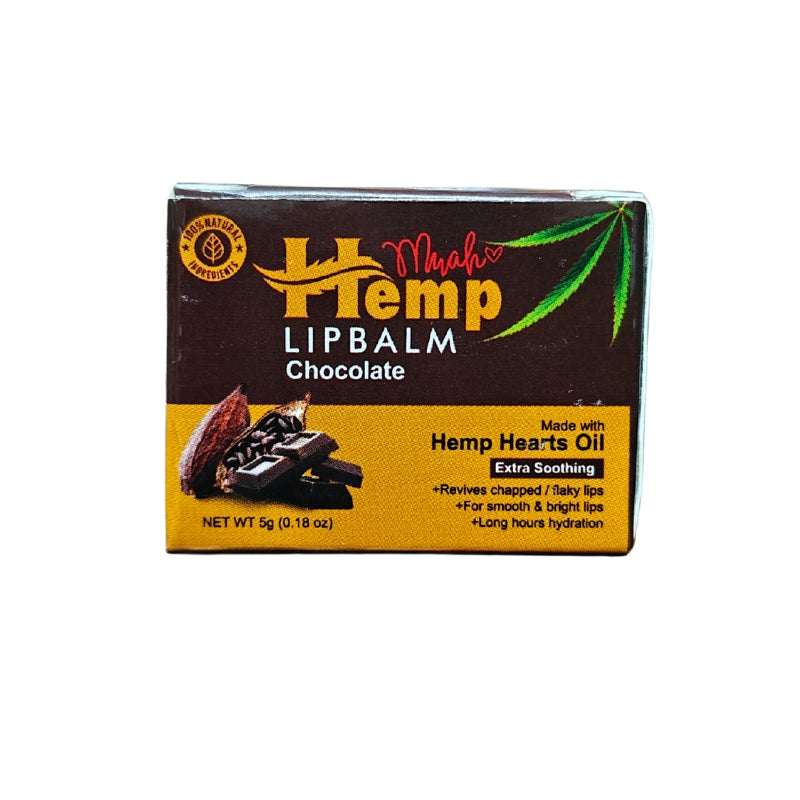 Chocolate-flavored hemp lip balm packaging on a white background