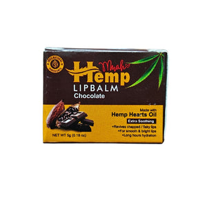 Chocolate-flavored hemp lip balm packaging on a white background