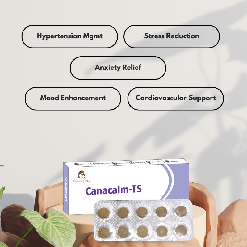 Paarmi Cares Cannacalm-TS product box and blister pack of tablets with labeled health benefits.