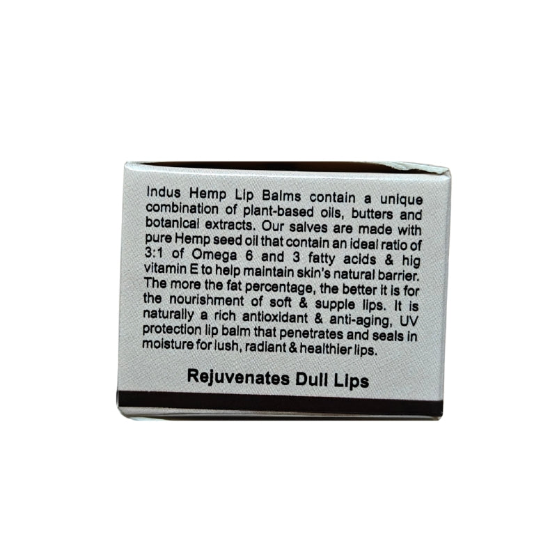 Hemp Lip balm packaging with text on a white background