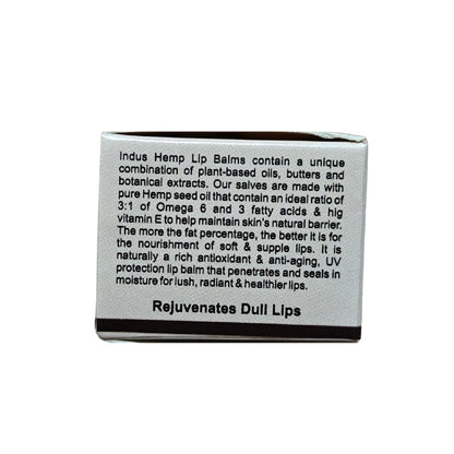 Hemp Lip balm packaging with text on a white background