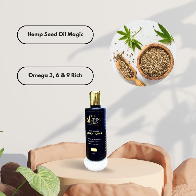 The Divine CBD hemp-infused conditioner bottle with text 'Hemp Seed Oil Magic'.