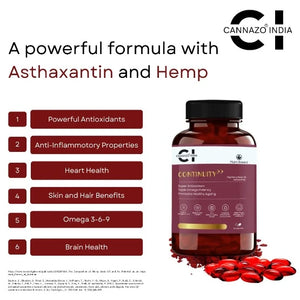 benefits and a bottle of astaxanthin + hempseed oil supplement pills on a stone. 