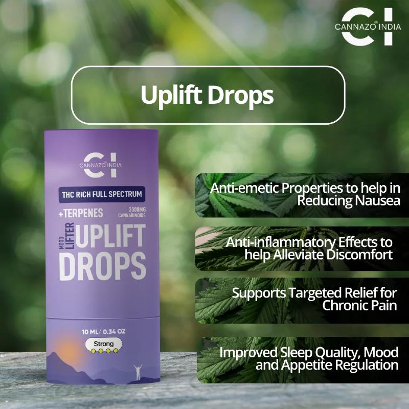 Purple bottle labeled 'Uplift Drops' with cannabis leaves and text on a blurred green background