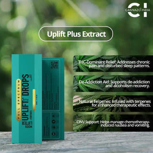 Uplift Plus Vijaya Extract packaging with product details on a blurred green background
