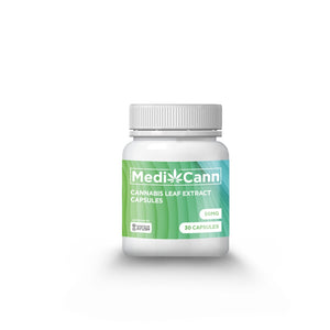 White pill bottle with a green and blue MediCann Cannabis leaf extract lable.