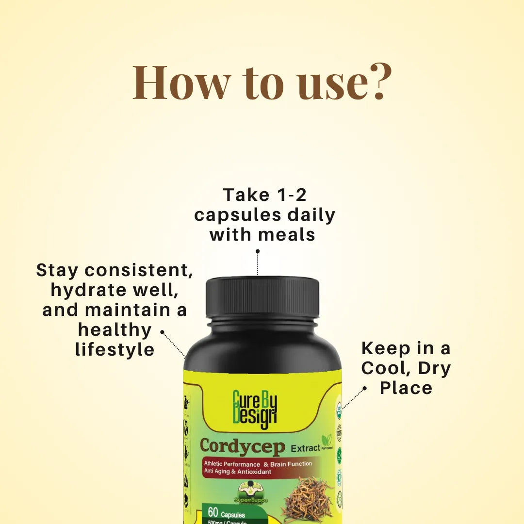 Cordyceps supplement bottle with usage instructions on a beige background