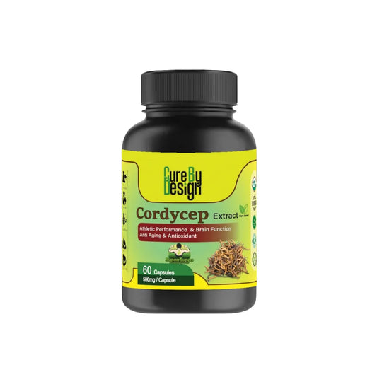 Supplement bottle labeled 'Cordyceps Extract' by 'Cure By Design' on a white background