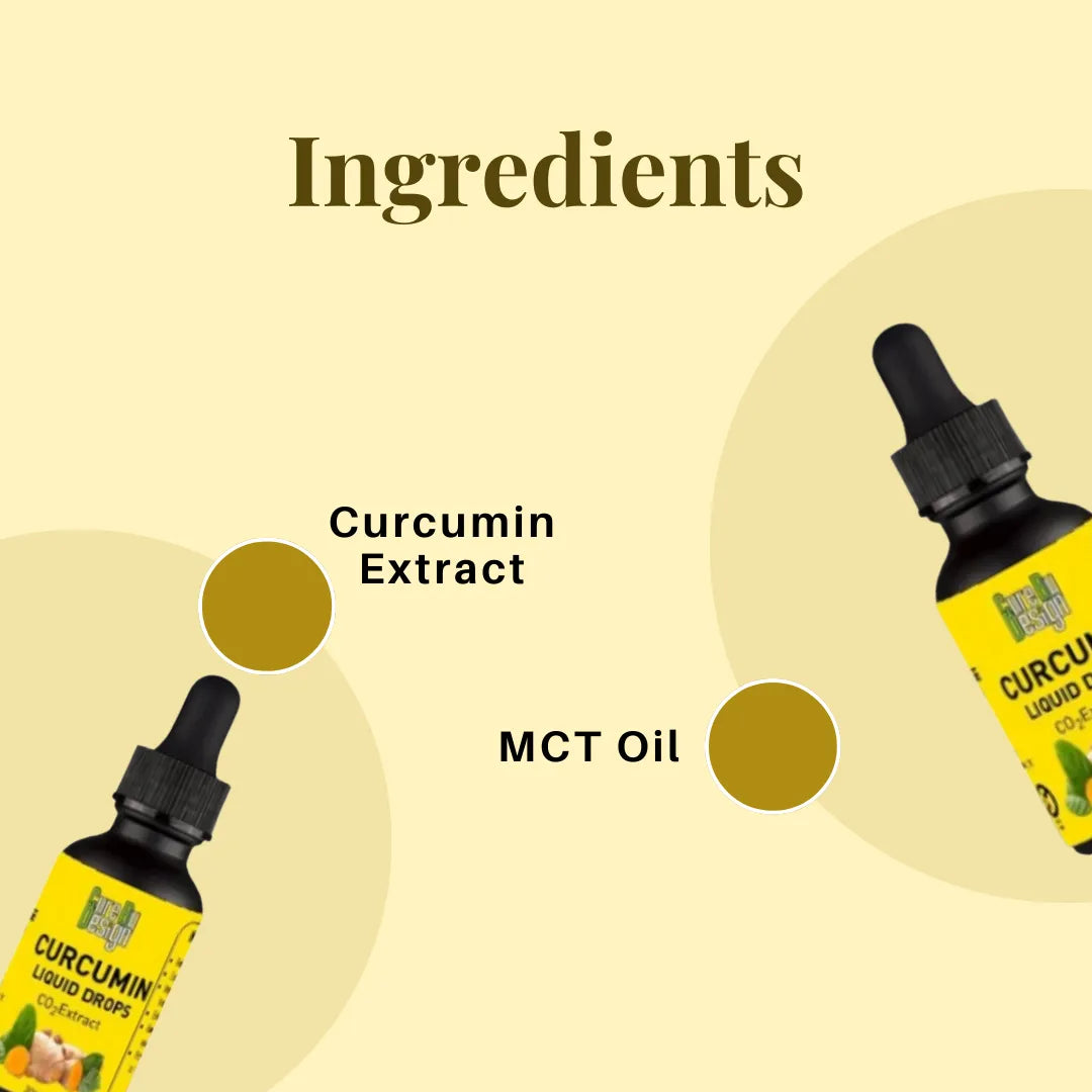 Bottles of Curcumin Liquid Drops with labels for Curcumin Extract and MCT Oil on a beige background.