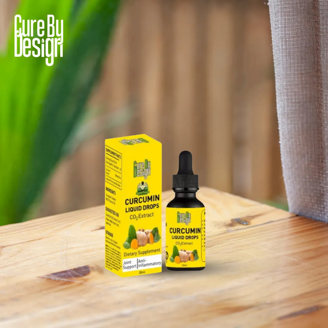 Curcumin liquid drops and packaging on a wooden surface with a blurred background