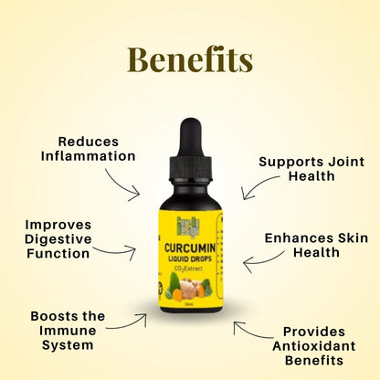 Curcumin liquid drops bottle with health benefits listed on a beige background