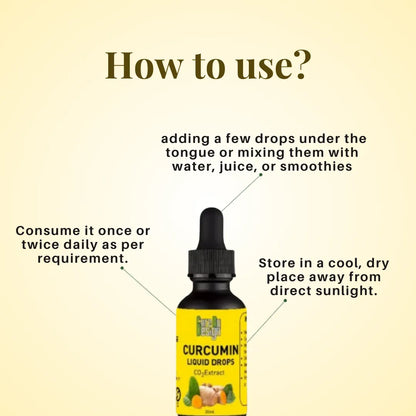 Curcumin liquid drops with usage instructions on a beige background