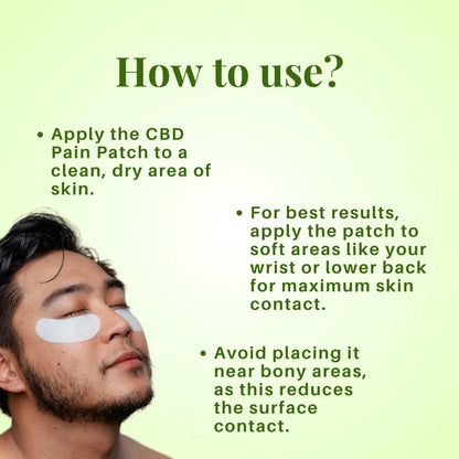 Man with CBD pain patches on his face against a green background with usage instructions.