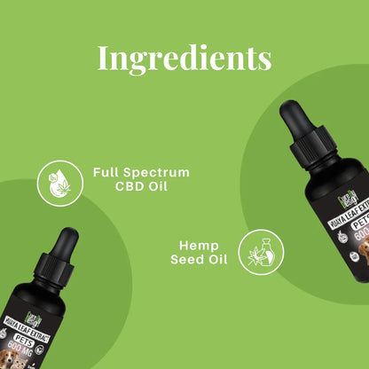 Bottle of full spectrum CBD oil with ingredients listed on a green background