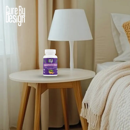 Supplement bottle on a nightstand next to a bed with a lamp