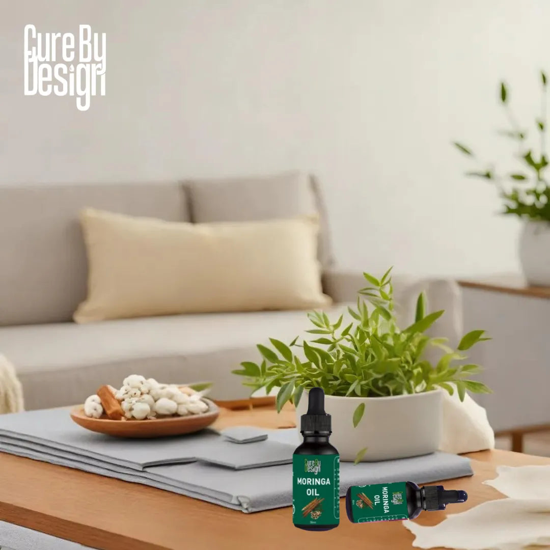 Bottle of Moringa oil on a table with a plant and decor in a living room setting.