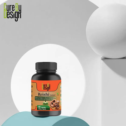 Bottle of Reishi Extract with 'Cure by Design' branding on a gray and blue gradient background.