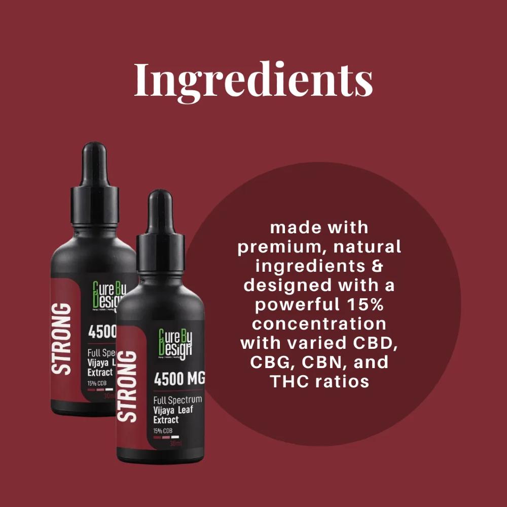 Two black Cure By Design CBD bottles with droppers on a red background, featuring text about ingredients and product details.